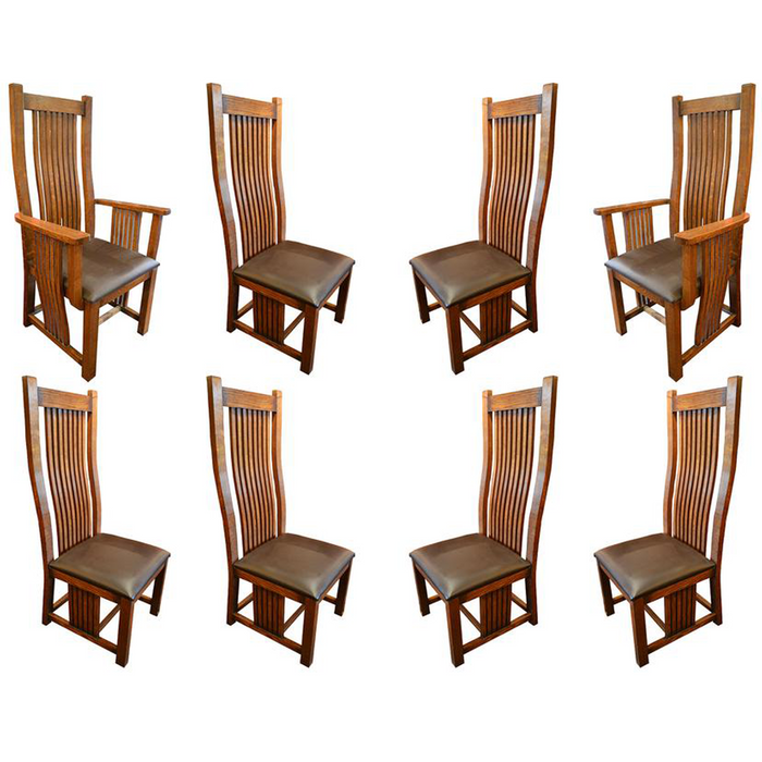 Set of 8 - Mission / Arts and Crafts Oak Curved High Back Dining Chairs - Crafters and Weavers