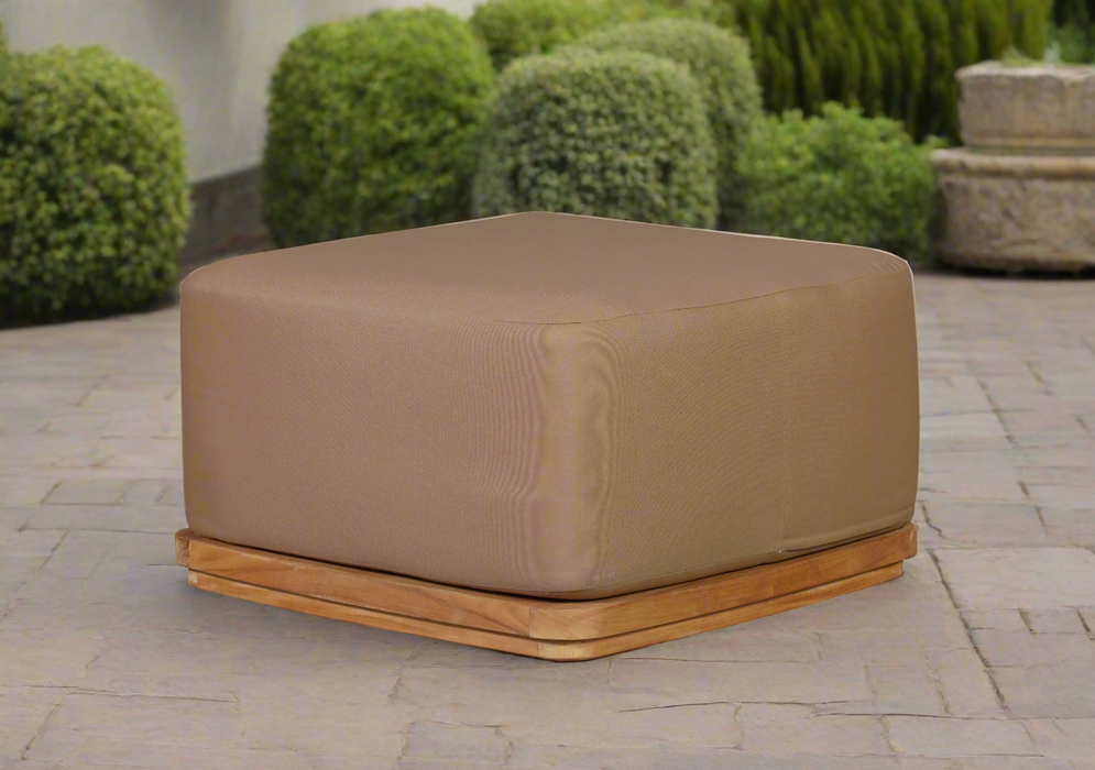 Eclipse Outdoor Solid Teak Wood Ottoman - Light Brown Fabric