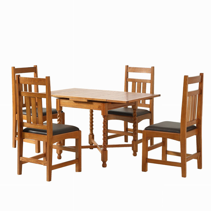 Mission Oak Barley Twist Dining Table with 2 Leaves and Oak Dining Chairs