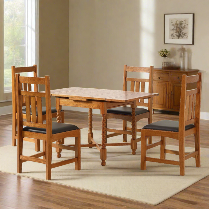 Mission Oak Barley Twist Dining Table with 2 Leaves and Oak Dining Chairs