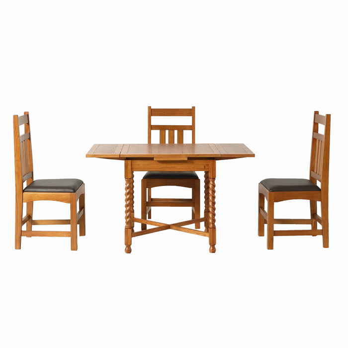 Mission Oak Barley Twist Dining Table with 2 Leaves and Oak Dining Chairs