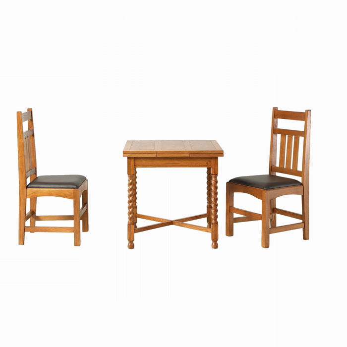 Mission Oak Barley Twist Dining Table with 2 Leaves and Oak Dining Chairs