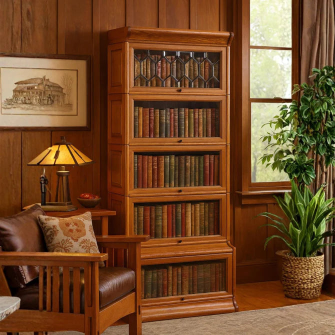 Mission Style Oak Barrister Bookcase 5 Stack High with Leaded Glass (2 Colors Available)