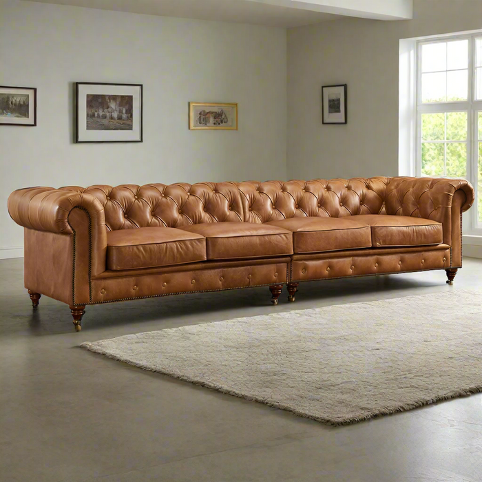 Century Chesterfield Sofa - Light Brown Leather - 118"