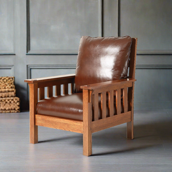 Craftsman / Mission Leather and Oak Armchair - Chestnut