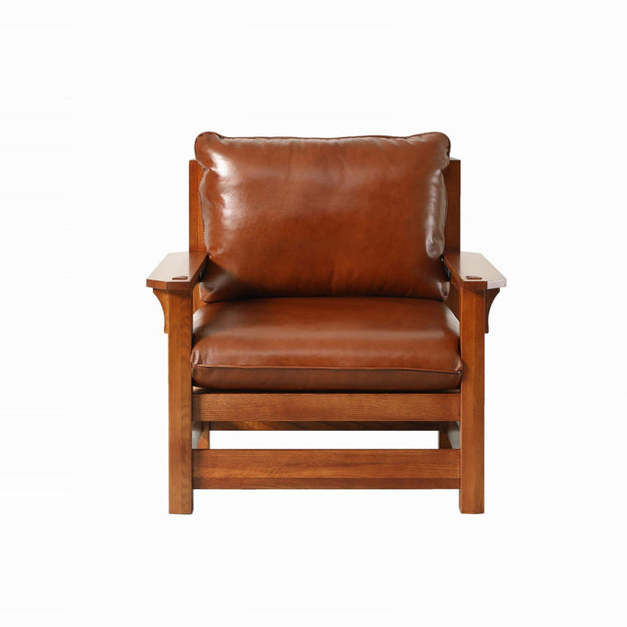 Mission Leather and Oak Armchair / Living Room chair - Russet