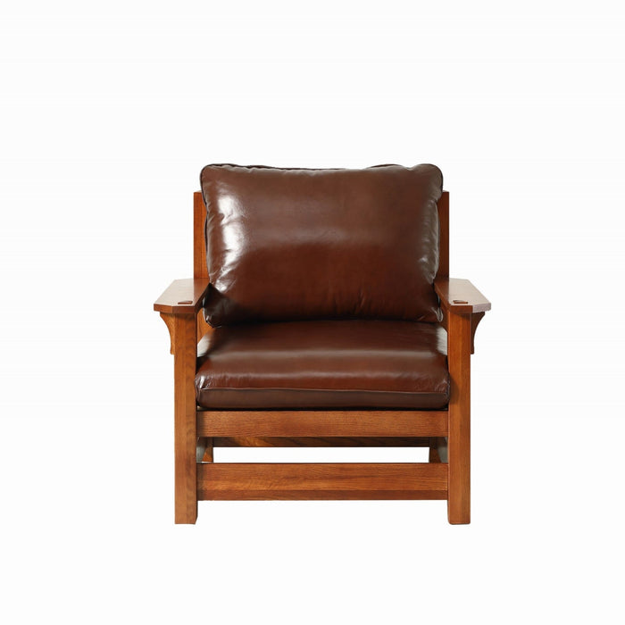 Mission Leather and Oak Armchair / Living Room chair - Chestnut