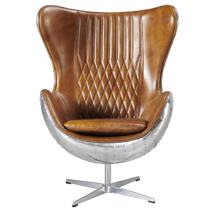 Cruz Modern Egg Chair - Brown Leather and Metal Spitfire Shell