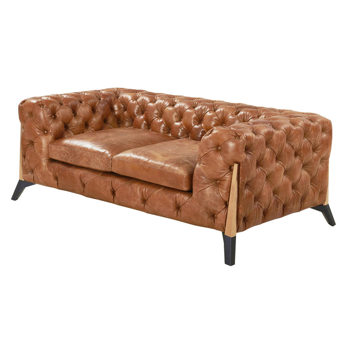 Olivia Contemporary Tufted Chesterfield Love Seat - Light Brown Leather - Crafters and Weavers