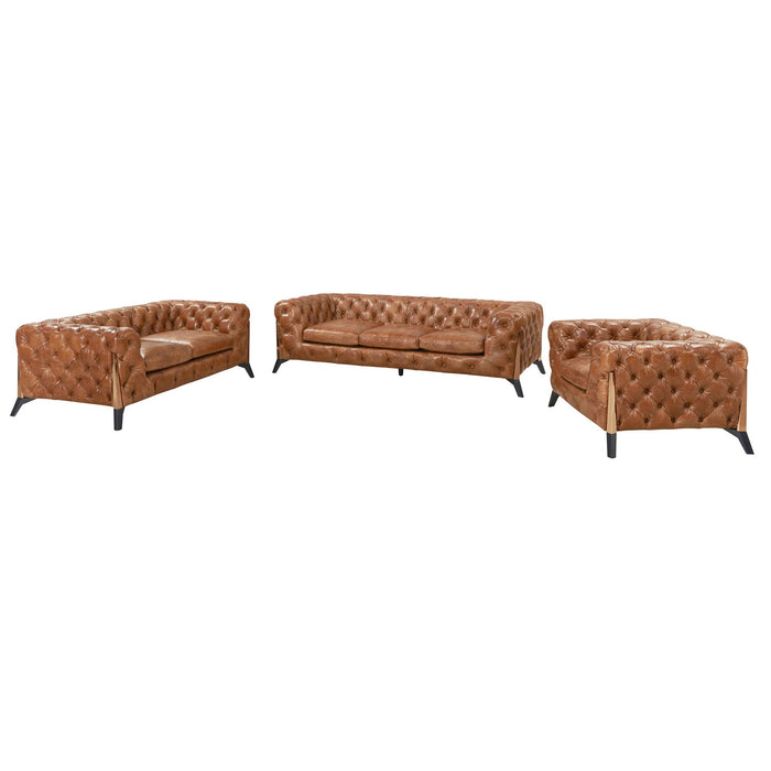 Olivia Contemporary Tufted Chesterfield Love Seat - Light Brown Leather - Crafters and Weavers