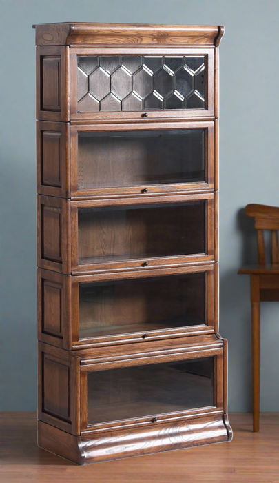 Mission Style Oak Barrister Bookcase 5 Stack High with Leaded Glass (2 Colors Available)