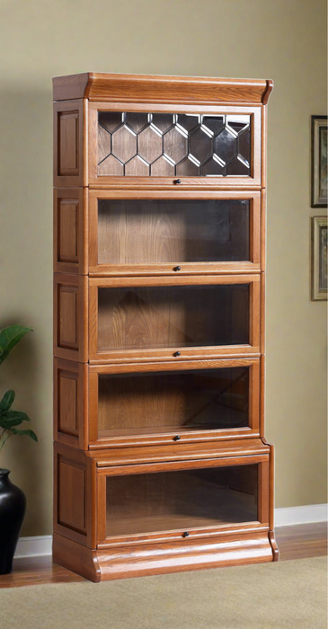 Mission Style Oak Barrister Bookcase 5 Stack High with Leaded Glass (2 Colors Available)