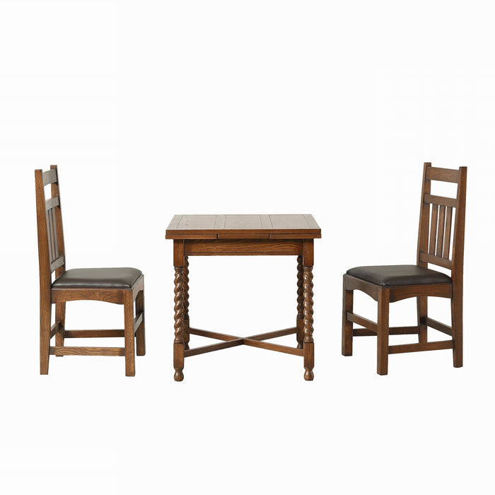 Mission Oak Barley Twist Dining Table with 2 Leaves and Oak Dining Chairs