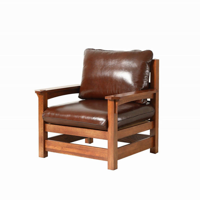 Mission Leather and Oak Armchair / Living Room chair - Chestnut