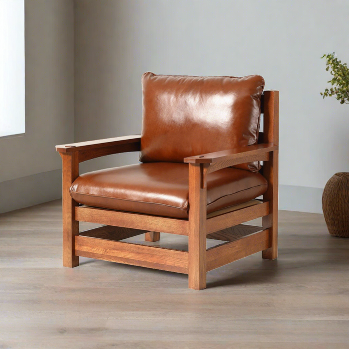 Mission Leather and Oak Armchair / Living Room chair - Russet