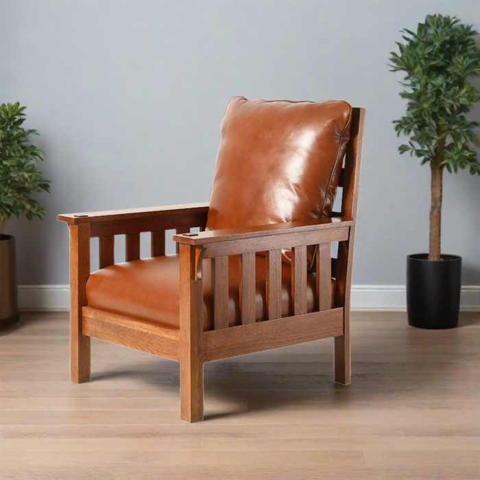 Craftsman / Mission Leather and Oak Armchair - Russet Brown