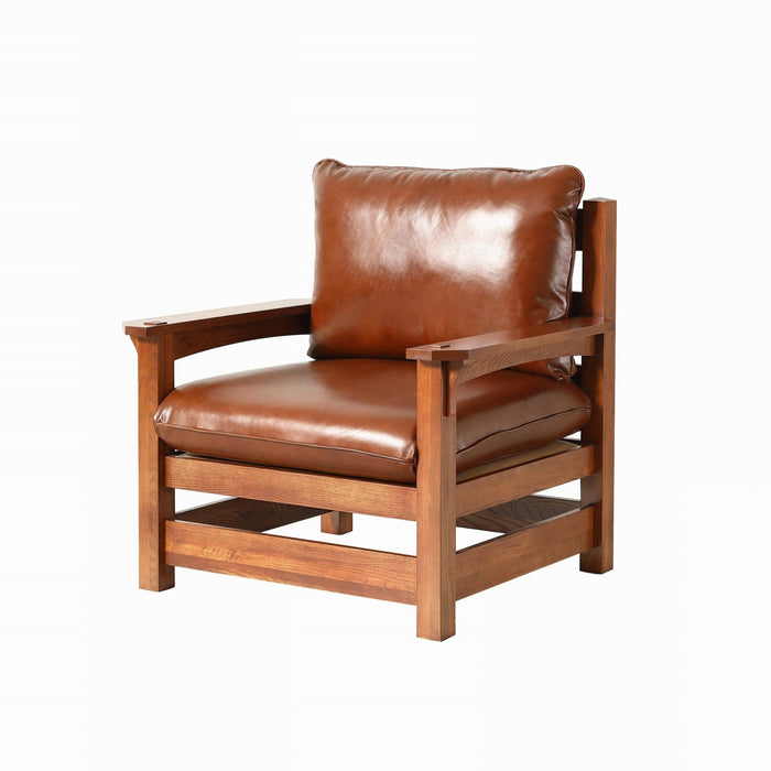 Mission Leather and Oak Armchair / Living Room chair - Russet