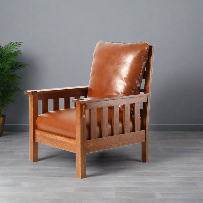 Craftsman / Mission Leather and Oak Armchair - Russet Brown