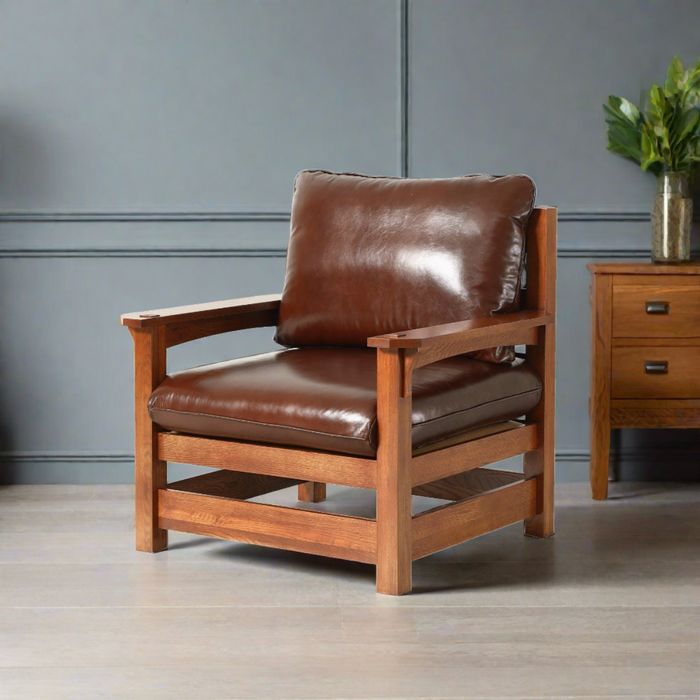 Mission Leather and Oak Armchair / Living Room chair - Chestnut