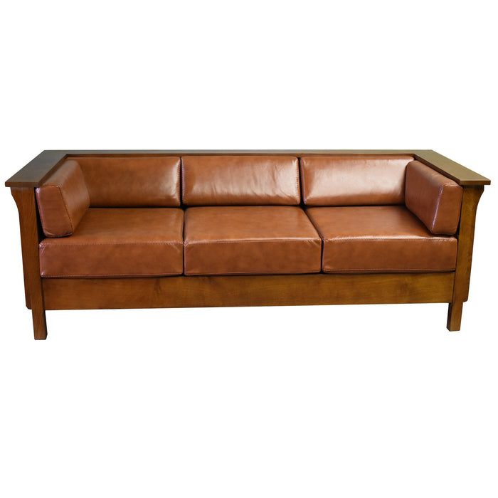 Arts and Crafts / Craftsman Cubic Panel Side Sofa - Russet Brown Leather (RB2) - Crafters and Weavers