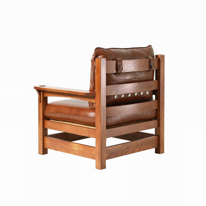 Mission Leather and Oak Armchair / Living Room chair - Russet