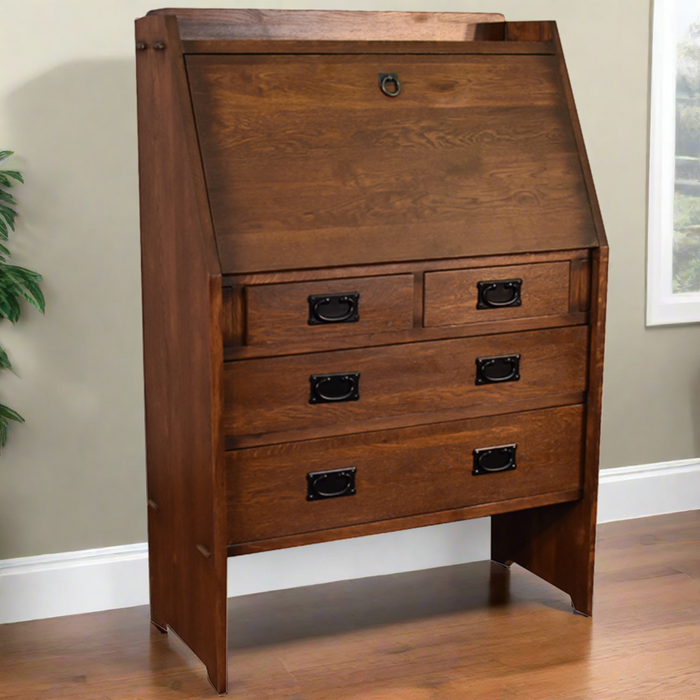 Arts and Crafts Mission Solid Oak Secretary Desk - Dark Brown