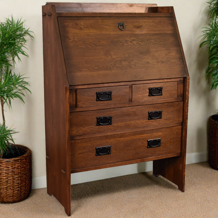 Arts and Crafts Mission Solid Oak Secretary Desk - Dark Brown