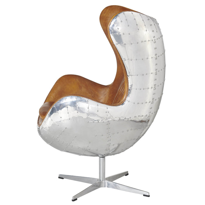 Cruz Modern Egg Chair - Brown Leather and Metal Spitfire Shell - Crafters and Weavers