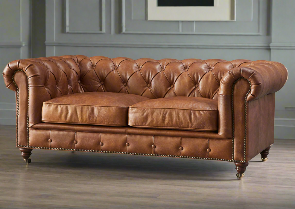 Century Chesterfield Love Seat - Bark Brown Leather