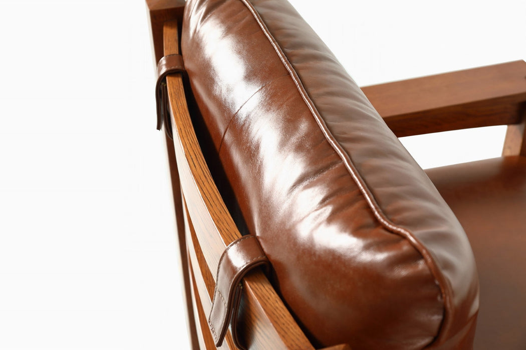 Mission Leather and Oak Armchair / Living Room chair - Russet