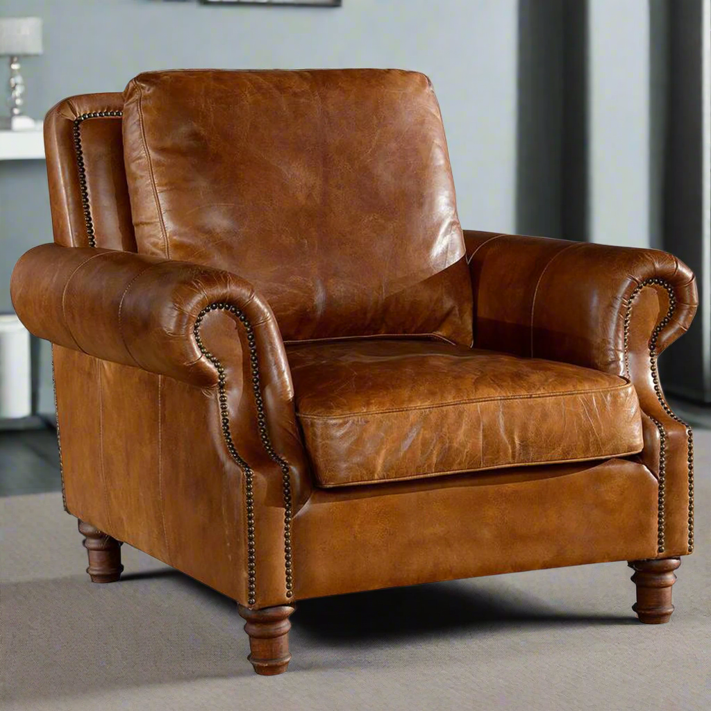 English Rolled Arm - Arm Chair - Light Brown Leather — Artisans and Looms, image size:1024x1024