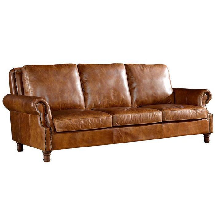 PREORDER English Rolled Arm Sofa - Light Brown Leather - Crafters and Weavers