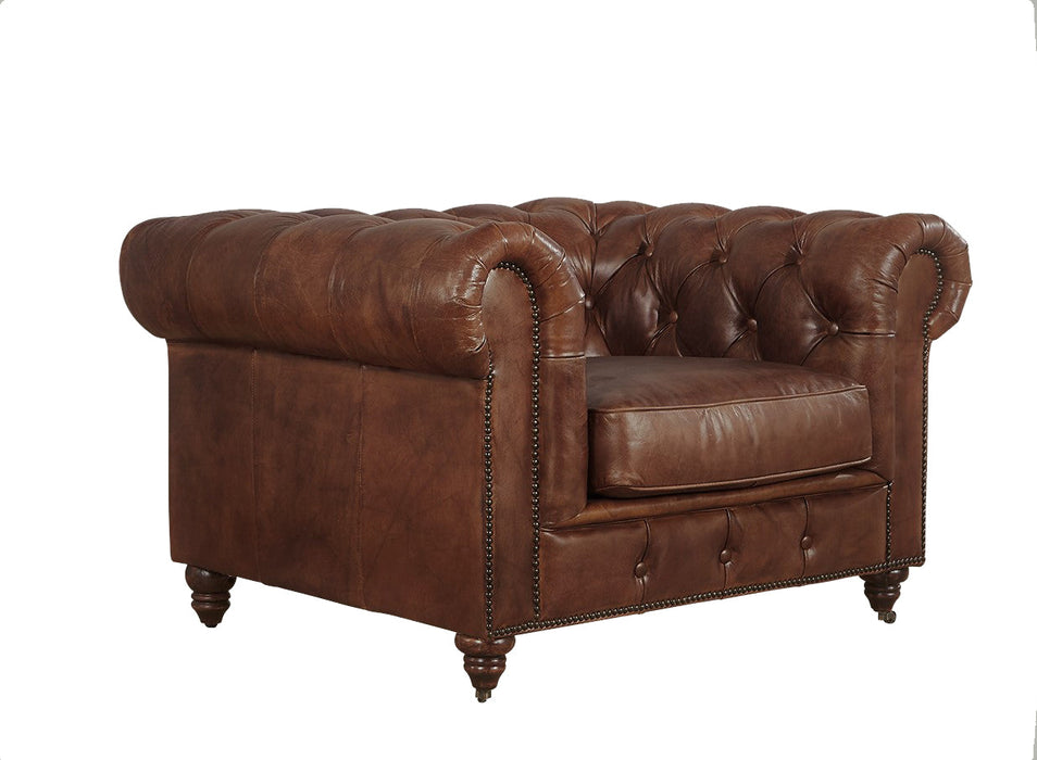 Century Chesterfield Arm Chair - Medium Brown Leather - Crafters and Weavers