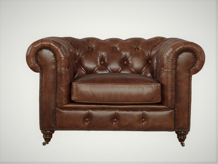 Century Chesterfield Arm Chair - Medium Brown Leather - Crafters and Weavers