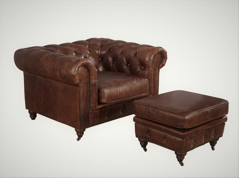 Century Chesterfield Arm Chair - Medium Brown Leather - Crafters and Weavers