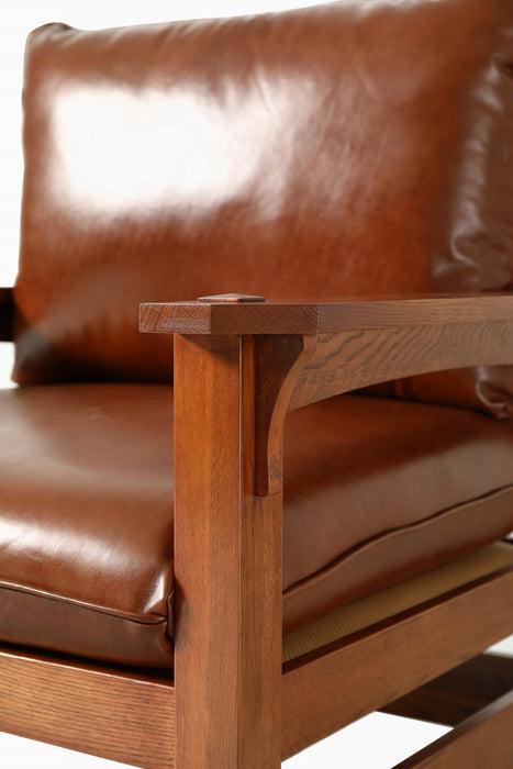 Mission Leather and Oak Armchair / Living Room chair - Russet