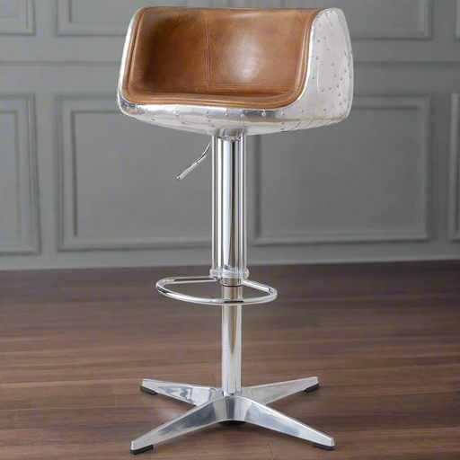 Aviator Adjustable Height Bar Stool - Leather & Metal - Crafters and Weavers