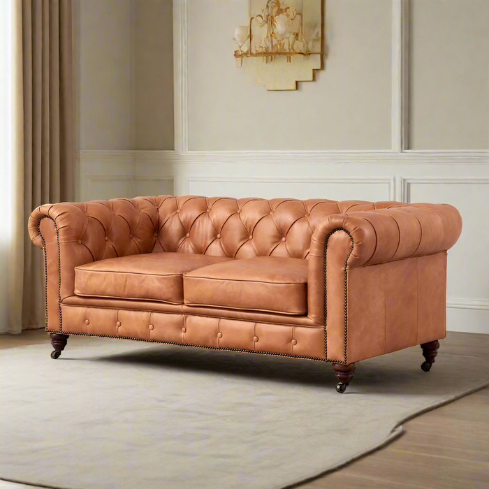 Century Chesterfield Love Seat - Light Chestnut Leather