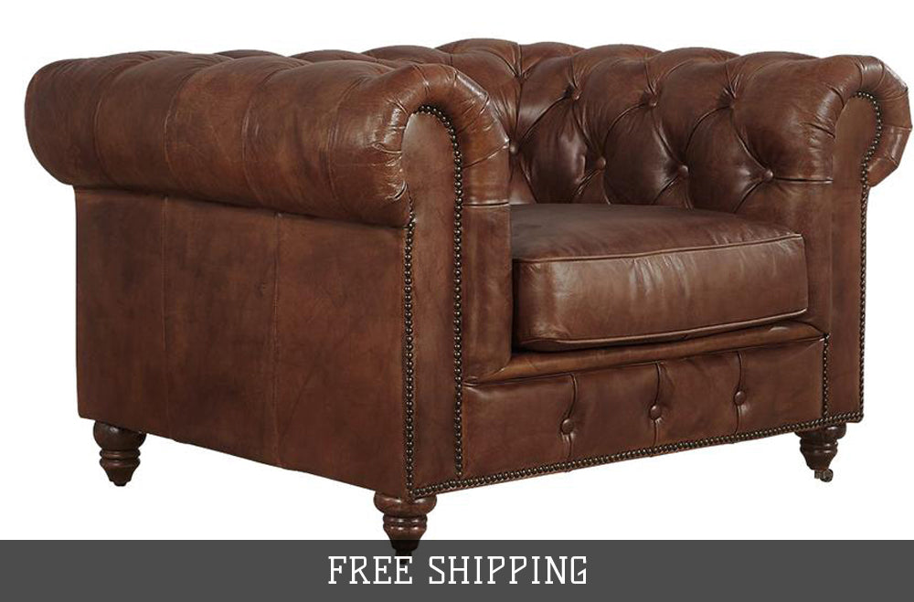 Century Chesterfield Arm Chair - Medium Brown Leather - Crafters and Weavers