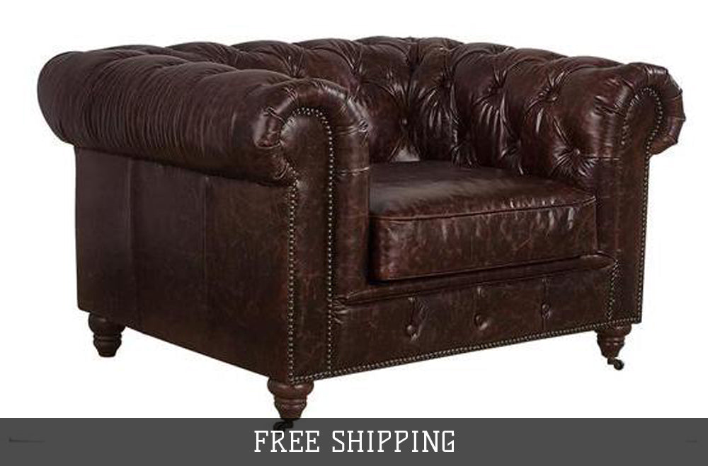 Century Chesterfield Arm Chair - Reddish Brown Leather - Crafters and Weavers