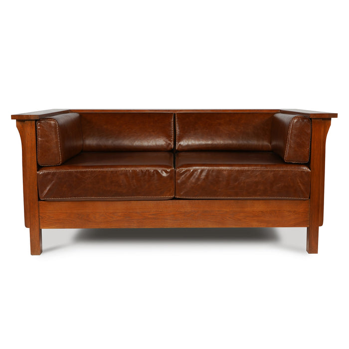 Arts and Crafts / Craftsman Cubic Panel Side Love Seat - Chestnut Brown Leather - Crafters and Weavers