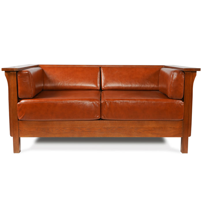 Arts and Crafts / Craftsman Cubic Panel Side Love Seat - Russet Brown Leather (RB2) - Crafters and Weavers