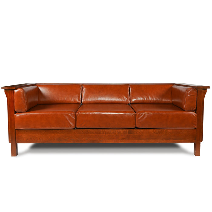 Arts and Crafts / Craftsman Cubic Slat Side Sofa - Russet Brown Leather (RB2) - Crafters and Weavers