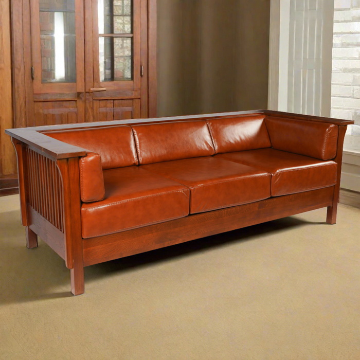 Mission / Craftsman Cubic Slat Side Sofa - Russet Brown Leather (RB2)