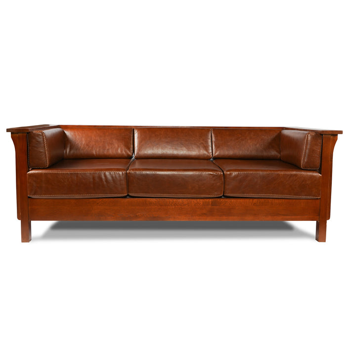 Arts and Crafts / Craftsman Cubic Slat Side Sofa - Chestnut Brown Leather - Crafters and Weavers