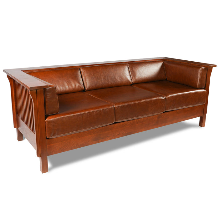 Arts and Crafts / Craftsman Cubic Slat Side Sofa - Chestnut Brown Leather - Crafters and Weavers