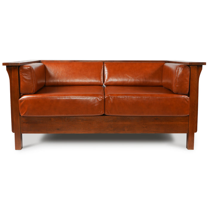 Arts and Crafts / Craftsman Cubic Slat Side Love Seat - Russet Brown Leather (RB2) - Crafters and Weavers