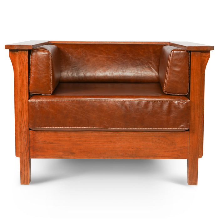 Arts and Crafts / Craftsman Cubic Slat Side Arm Chair - Chestnut Brown Leather - Crafters and Weavers