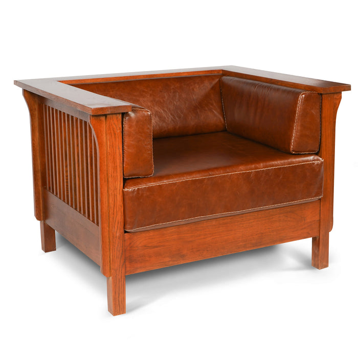 Arts and Crafts / Craftsman Cubic Slat Side Arm Chair - Chestnut Brown Leather - Crafters and Weavers