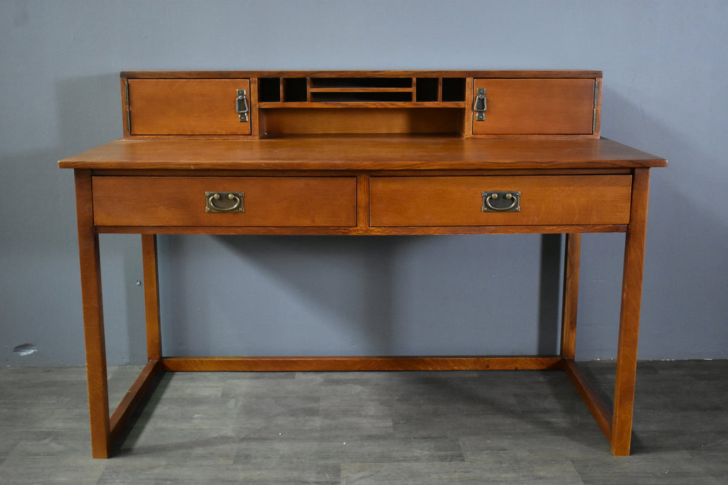 Mission Style Oak Library Table with Hutch - Crafters and Weavers